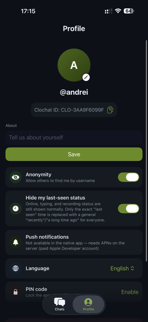 Clochat user profile with private Clochat ID