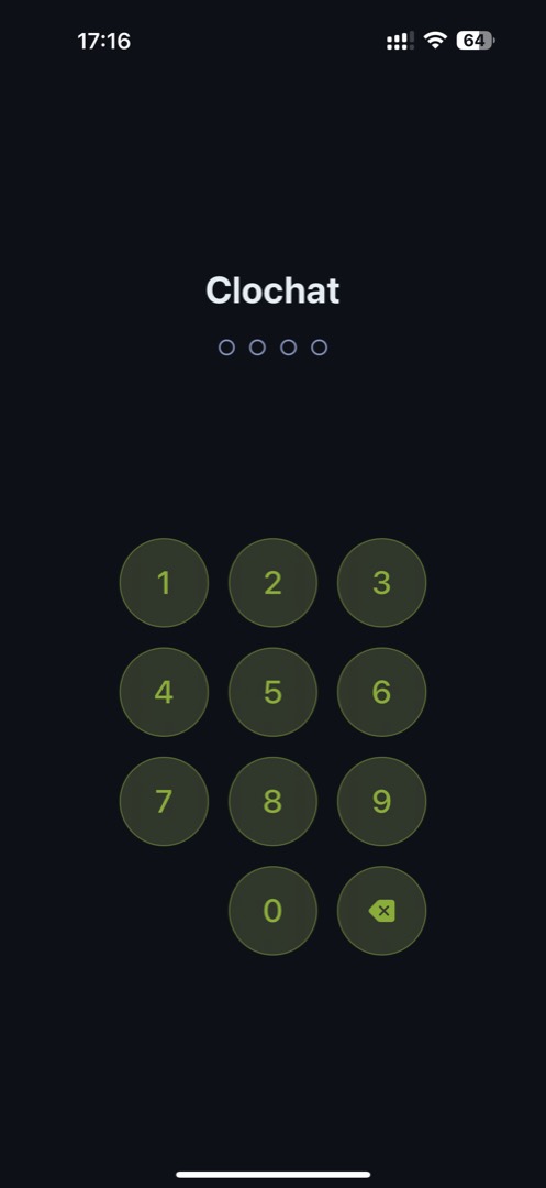 Clochat app protected with PIN code and Face ID